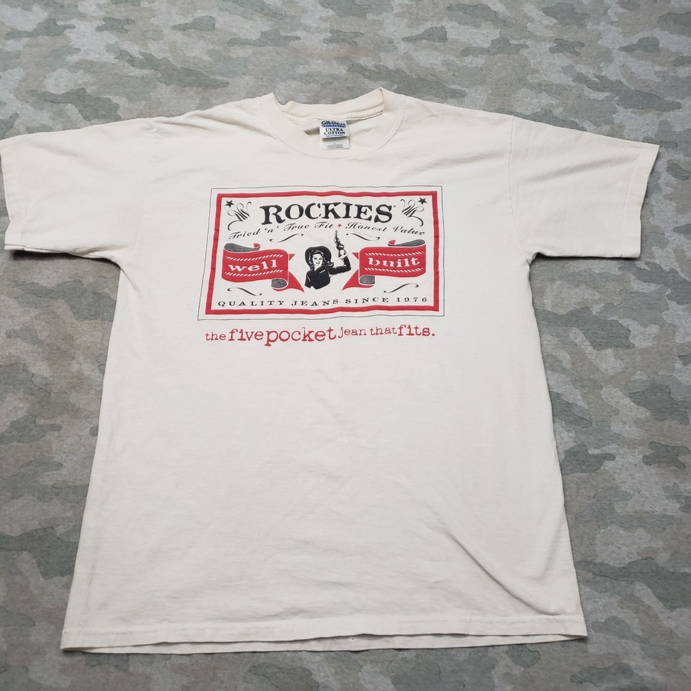 VTG Rockies Gildan Ultra‎ Cotton Shirt Mens Large White Short Sleeve Western